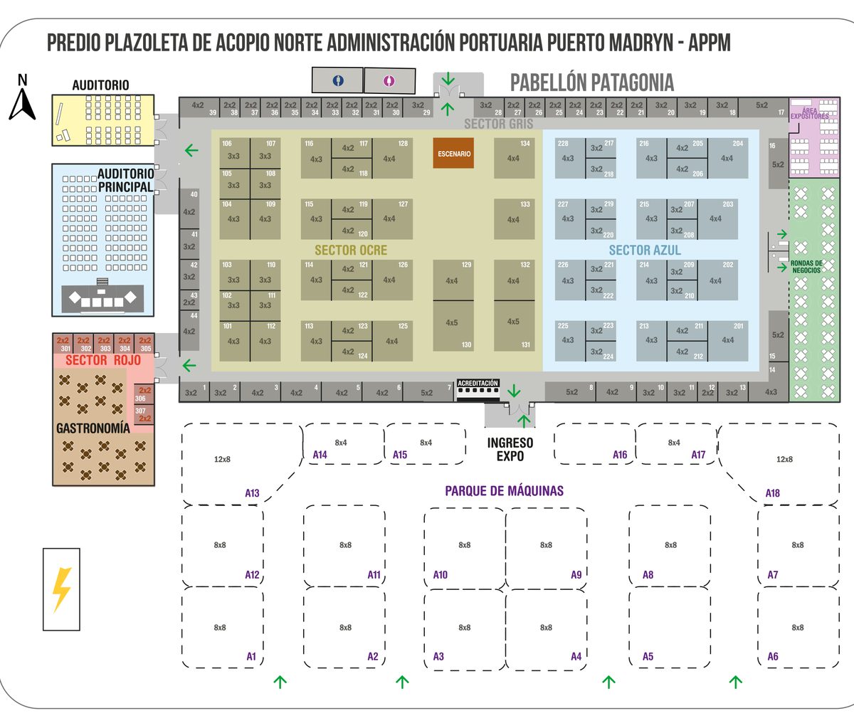 Plano del predio EVENPa2027: pabellón Patagonia, sectores de stands y parque de máquinas